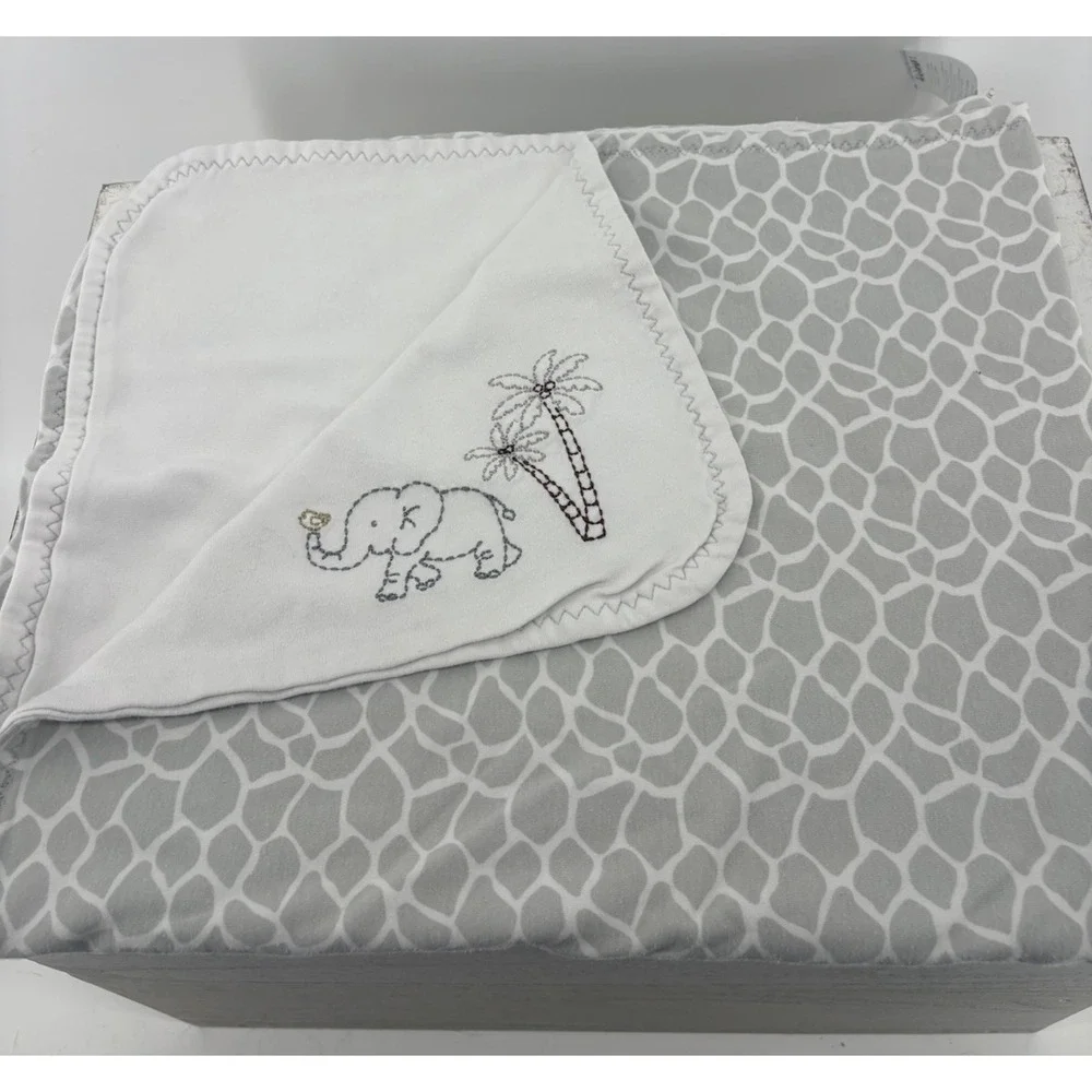 Just Born Animal Kingdom Reversible Baby Blanket Gray White Elephant Embroidery